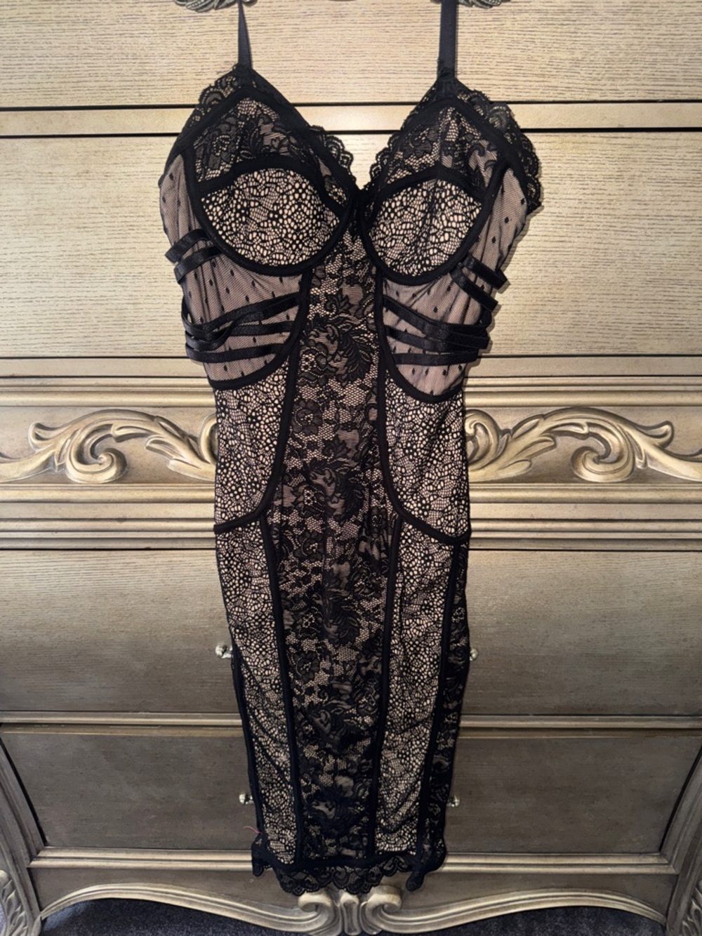 bebe Black Sheer Lace Bodysuit Dress
